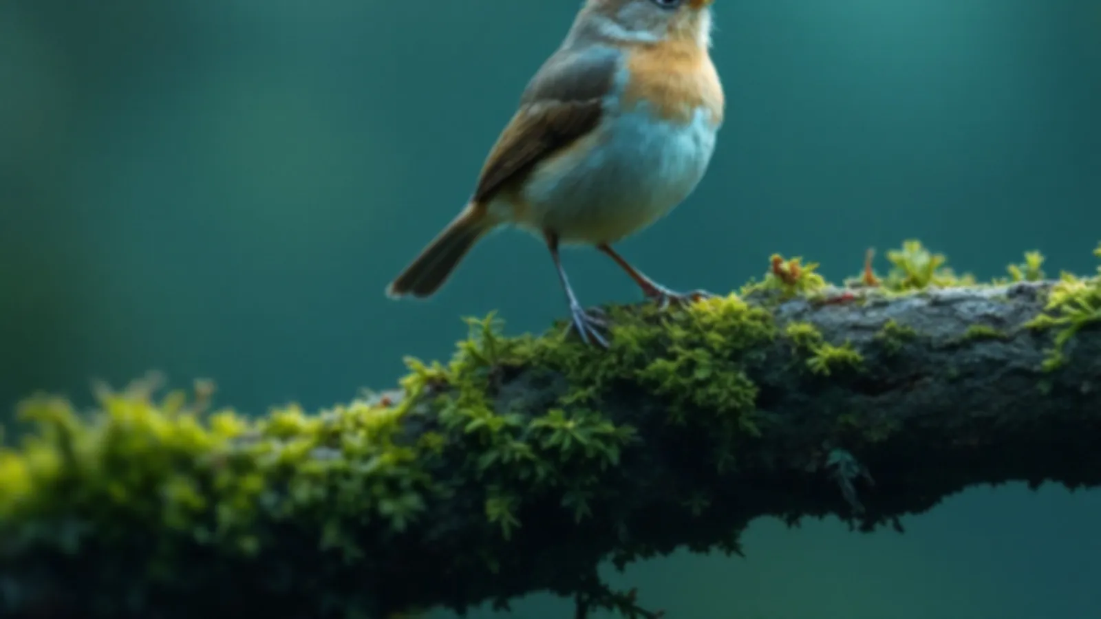 A small wren perched on a mossy branch with soft blue-green background at dawn, the FinanceWren view of small loans online, $100 – $5,000